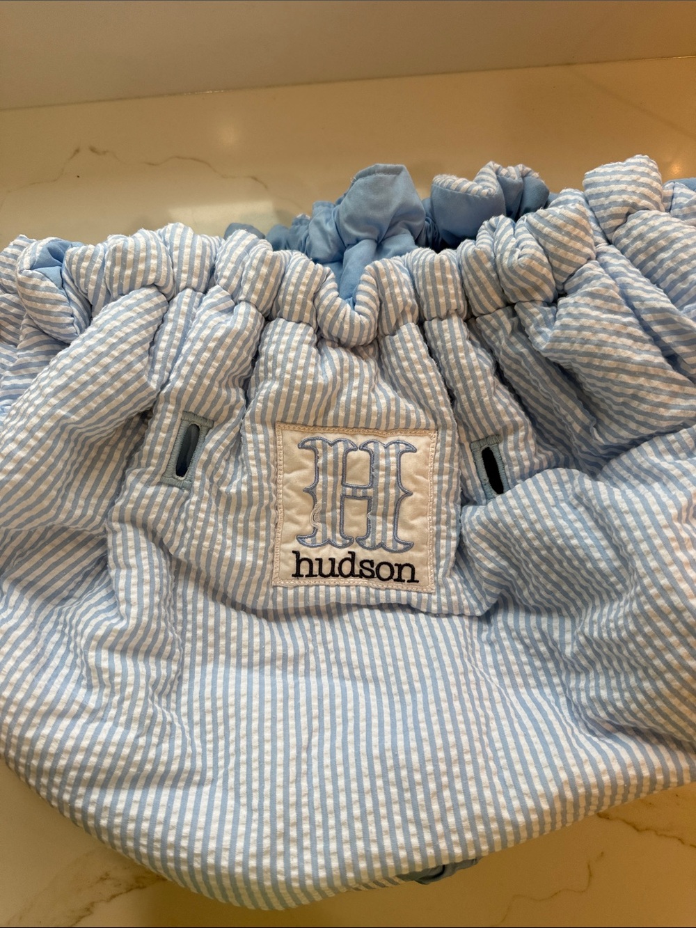 “Hudson” Blue & White Striped baby or toddler high chair or buggy cover